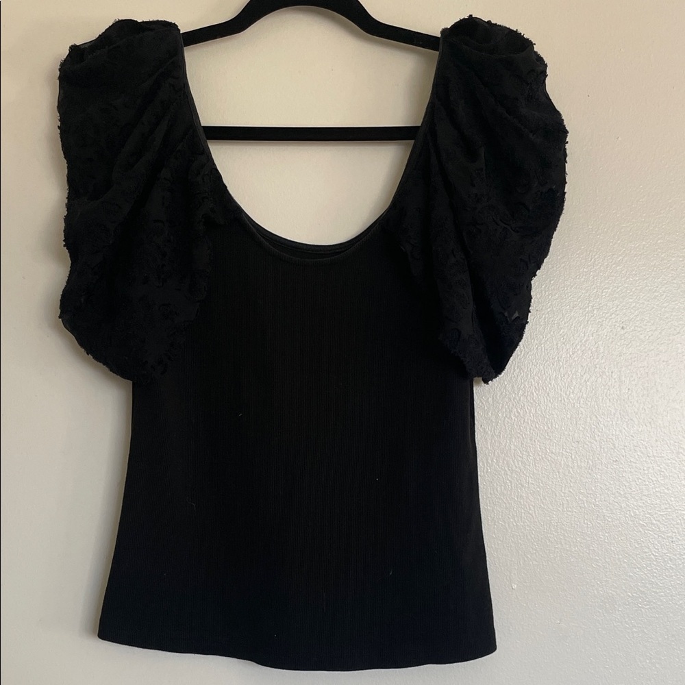 Maeve|Black Puff Sleeve Ribbed Blouse|Medium|EUC - Picture 1 of 10